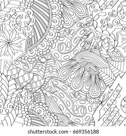 Tracery seamless pattern. Mehndi design. Ethnic monochrome binary doodle texture. Curved doodling black and white background. Vector