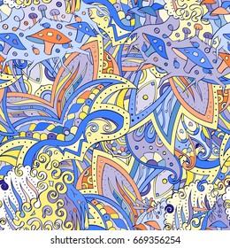 Tracery seamless pattern. Mehndi design. Ethnic colorful doodle texture. Curved doodling background. Vector