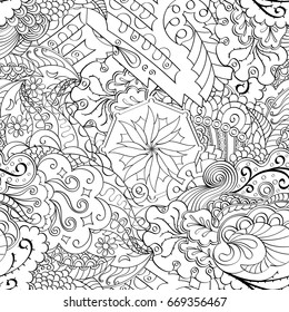 Tracery seamless pattern. Mehndi design. Ethnic monochrome binary doodle texture. Curved doodling black and white background. Vector