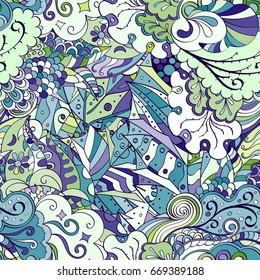 Tracery seamless pattern. Mehndi design. Ethnic colorful doodle texture. Curved doodling background. Vector