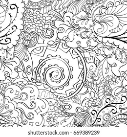 Tracery seamless pattern. Mehndi design. Ethnic monochrome binary doodle texture. Curved doodling black and white background. Vector