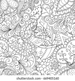 Tracery seamless pattern. Mehndi design. Ethnic monochrome binary doodle texture. Curved doodling black and white background. Vector