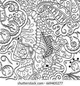 Tracery seamless pattern. Mehndi design. Ethnic monochrome binary doodle texture. Curved doodling black and white background. Vector