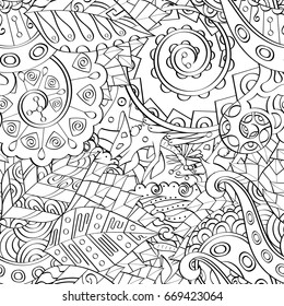 Tracery seamless pattern. Mehndi design. Ethnic monochrome binary doodle texture. Curved doodling black and white background. Vector