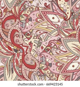 Tracery seamless pattern. Mehndi design. Ethnic colorful doodle texture. Curved doodling background. Vector