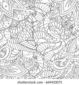 Tracery seamless pattern. Mehndi design. Ethnic monochrome binary doodle texture. Curved doodling black and white background. Vector