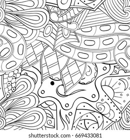 Tracery seamless pattern. Mehndi design. Ethnic monochrome binary doodle texture. Curved doodling black and white background. Vector