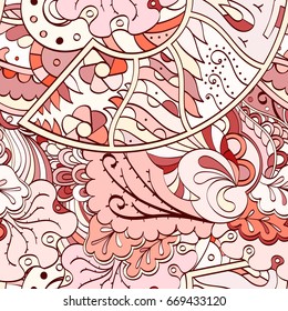 Tracery seamless pattern. Mehndi design. Ethnic colorful doodle texture. Curved doodling background. Vector