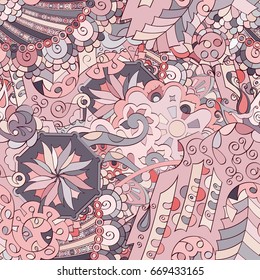 Tracery seamless pattern. Mehndi design. Ethnic colorful doodle texture. Curved doodling background. Vector