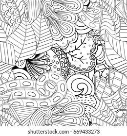 Tracery seamless pattern. Mehndi design. Ethnic monochrome binary doodle texture. Curved doodling black and white background. Vector