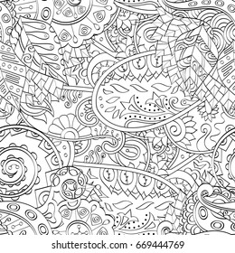 Tracery seamless pattern. Mehndi design. Ethnic monochrome binary doodle texture. Curved doodling black and white background. Vector