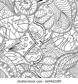 Tracery seamless pattern. Mehndi design. Ethnic monochrome binary doodle texture. Curved doodling black and white background. Vector