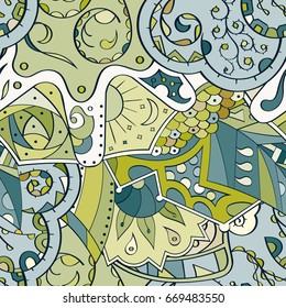 Tracery seamless pattern. Mehndi design. Ethnic colorful doodle texture. Curved doodling background. Vector
