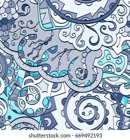 Tracery seamless pattern. Mehndi design. Ethnic colorful doodle texture. Curved doodling background. Vector