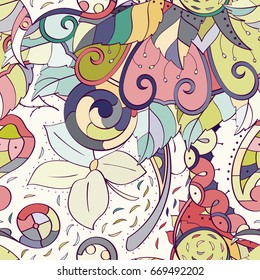 Tracery seamless pattern. Mehndi design. Ethnic colorful doodle texture. Curved doodling background. Vector