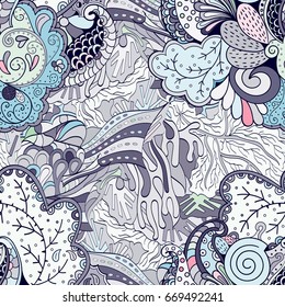 Tracery seamless pattern. Mehndi design. Ethnic colorful doodle texture. Curved doodling background. Vector