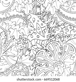 Tracery seamless pattern. Mehndi design. Ethnic monochrome binary doodle texture. Curved doodling black and white background. Vector