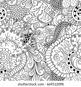 Tracery seamless pattern. Mehndi design. Ethnic monochrome binary doodle texture. Curved doodling black and white background. Vector