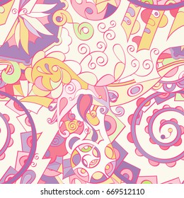 Tracery seamless pattern. Mehndi design. Ethnic colorful doodle texture. Curved doodling background. Vector