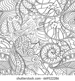 Tracery seamless pattern. Mehndi design. Ethnic monochrome binary doodle texture. Curved doodling black and white background. Vector