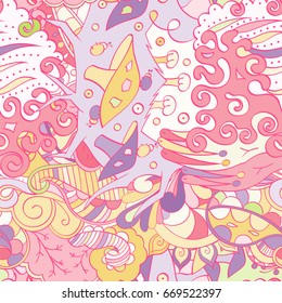 Tracery seamless pattern. Mehndi design. Ethnic colorful doodle texture. Curved doodling background. Vector