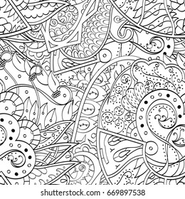 Tracery seamless pattern. Mehndi design. Ethnic monochrome binary doodle texture. Curved doodling black and white background. Vector