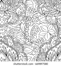Tracery seamless pattern. Mehndi design. Ethnic monochrome binary doodle texture. Curved doodling black and white background. Vector