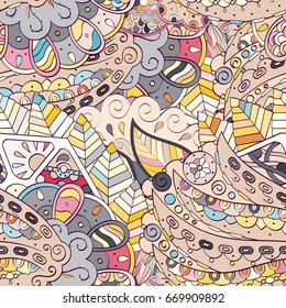 Tracery seamless pattern. Mehndi design. Ethnic colorful doodle texture. Curved doodling background. Vector