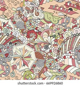 Tracery seamless pattern. Mehndi design. Ethnic colorful doodle texture. Curved doodling background. Vector