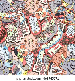 Tracery seamless pattern. Mehndi design. Ethnic colorful doodle texture. Curved doodling background. Vector