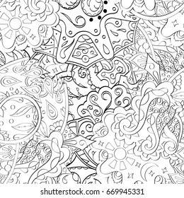 Tracery seamless pattern. Mehndi design. Ethnic monochrome binary doodle texture. Curved doodling black and white background. Vector