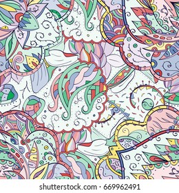 Tracery seamless pattern. Mehndi design. Ethnic colorful doodle texture. Curved doodling background. Vector
