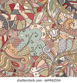 Tracery seamless pattern. Mehndi design. Ethnic colorful doodle texture. Curved doodling background. Vector