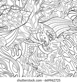 Tracery seamless pattern. Mehndi design. Ethnic monochrome binary doodle texture. Curved doodling black and white background. Vector