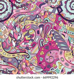 Tracery seamless pattern. Mehndi design. Ethnic colorful doodle texture. Curved doodling background. Vector