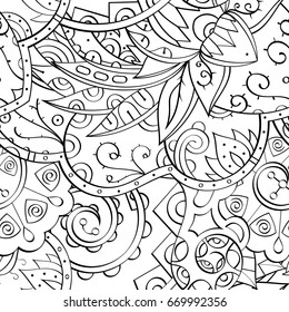 Tracery seamless pattern. Mehndi design. Ethnic monochrome binary doodle texture. Curved doodling black and white background. Vector