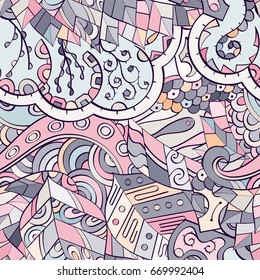 Tracery seamless pattern. Mehndi design. Ethnic colorful doodle texture. Curved doodling background. Vector