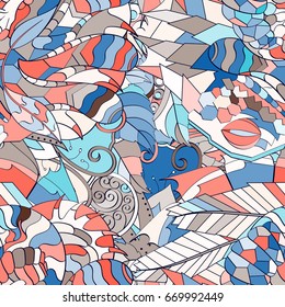 Tracery seamless pattern. Mehndi design. Ethnic colorful doodle texture. Curved doodling background. Vector