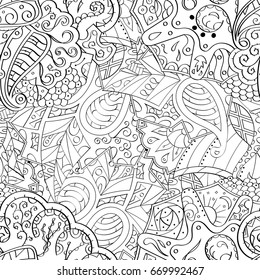 Tracery seamless pattern. Mehndi design. Ethnic monochrome binary doodle texture. Curved doodling black and white background. Vector