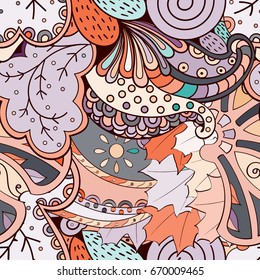 Tracery seamless pattern. Mehndi design. Ethnic colorful doodle texture. Curved doodling background. Vector