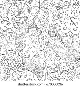 Tracery seamless pattern. Mehndi design. Ethnic monochrome binary doodle texture. Curved doodling black and white background. Vector