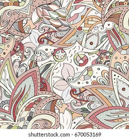 Tracery seamless pattern. Mehndi design. Ethnic colorful doodle texture. Curved doodling background. Vector