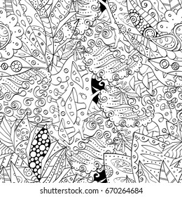 Tracery seamless pattern. Mehndi design. Ethnic monochrome binary doodle texture. Curved doodling black and white background. Vector