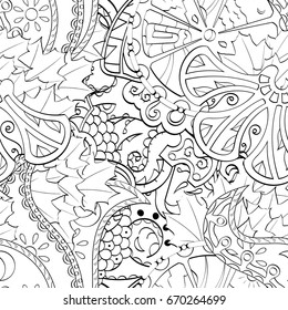 Tracery seamless pattern. Mehndi design. Ethnic monochrome binary doodle texture. Curved doodling black and white background. Vector