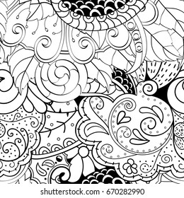 Tracery seamless pattern. Mehndi design. Ethnic monochrome binary doodle texture. Curved doodling black and white background. Vector