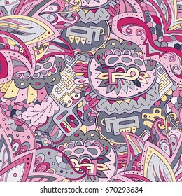 Tracery seamless pattern. Mehndi design. Ethnic colorful doodle texture. Curved doodling background. Vector