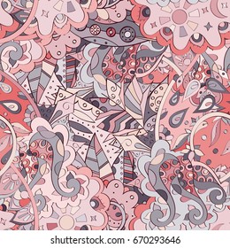 Tracery seamless pattern. Mehndi design. Ethnic colorful doodle texture. Curved doodling background. Vector