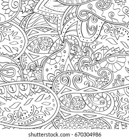 Tracery seamless pattern. Mehndi design. Ethnic monochrome binary doodle texture. Curved doodling black and white background. Vector