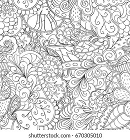 Tracery seamless pattern. Mehndi design. Ethnic monochrome binary doodle texture. Curved doodling black and white background. Vector