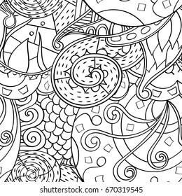 Tracery seamless pattern. Mehndi design. Ethnic monochrome binary doodle texture. Curved doodling black and white background. Vector